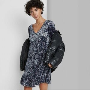 Wild Fable Velvet Floral Long Sleeve Puff Shoulder Boho Dress Size L